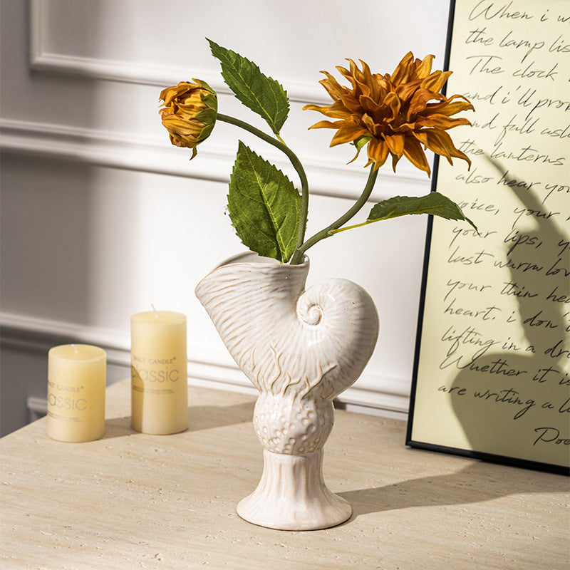 Nautilus Shell Ceramic Flower Vase with Pedestal Base