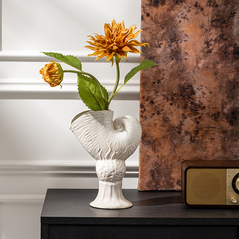 Nautilus Shell Ceramic Flower Vase with Pedestal Base