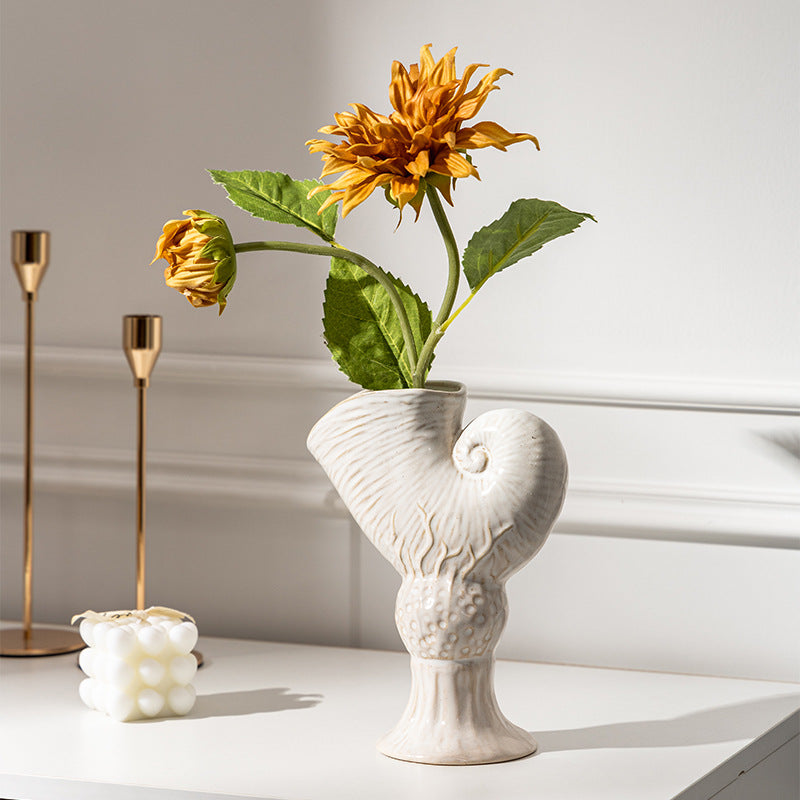 Nautilus Shell Ceramic Flower Vase with Pedestal Base