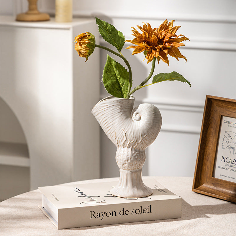 Nautilus Shell Ceramic Flower Vase with Pedestal Base